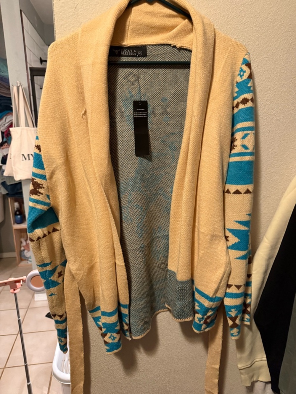 Lucky & Blessed Cream Open-Front Cardigan with Teal Aztec Sleeves